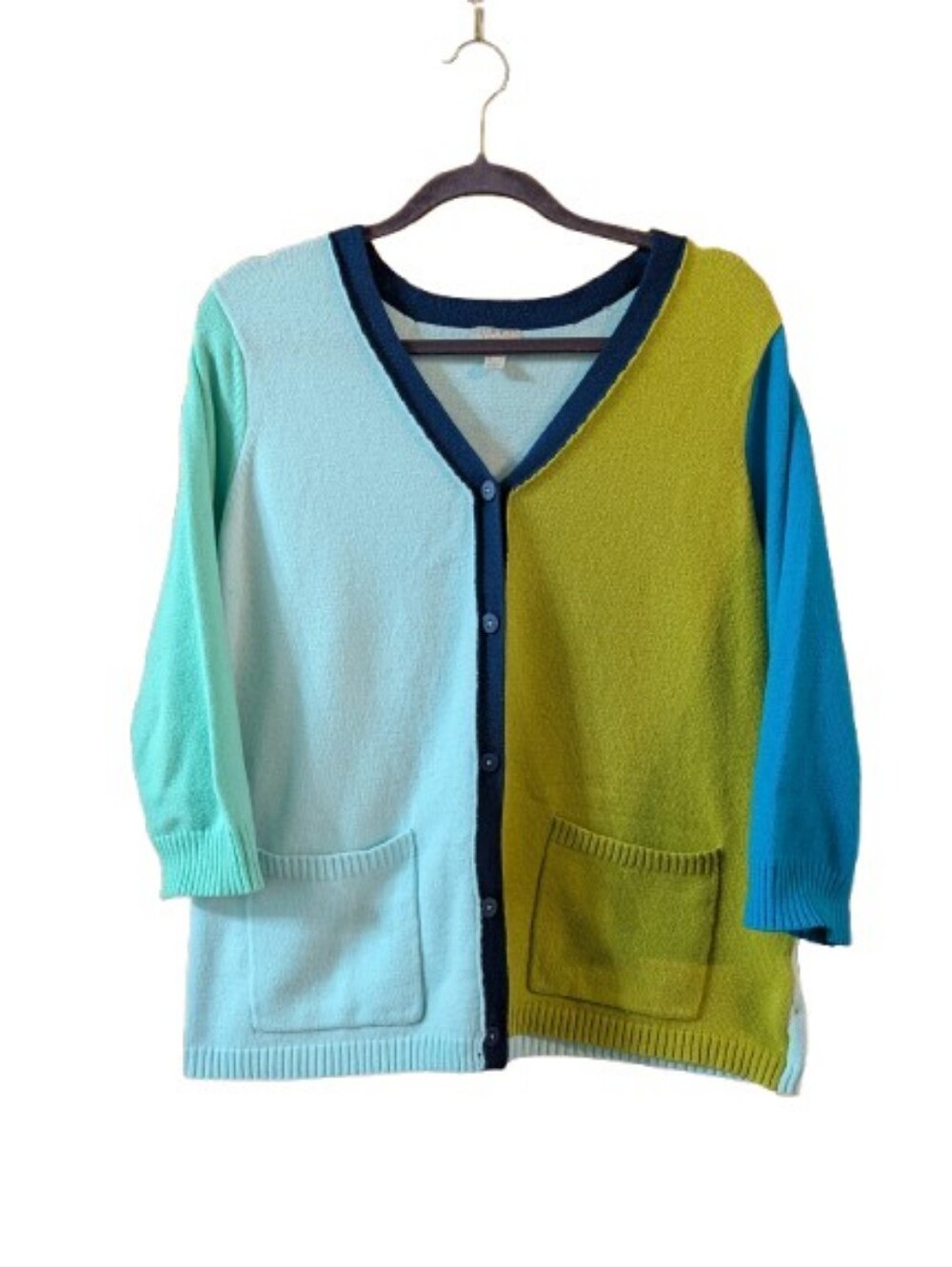 Logo by Lori Holdstein Color Block 3/4 Sleeve Cardigan Sz M